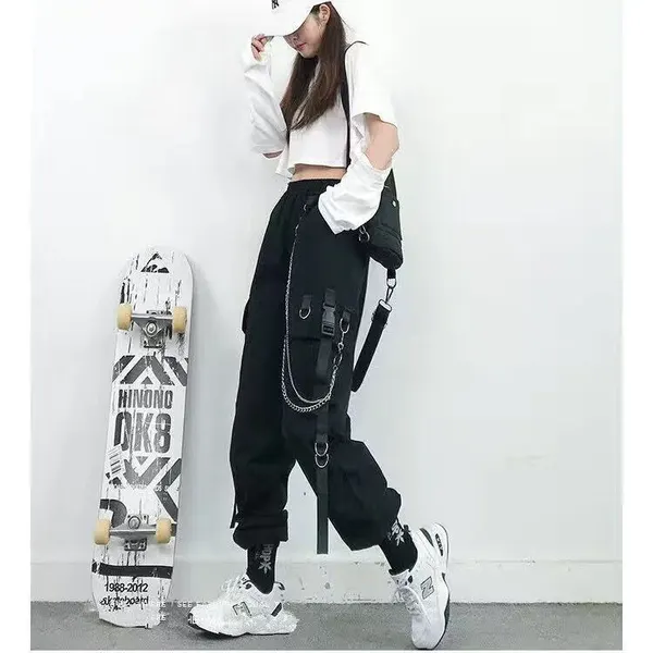 Black High-Waist Harem Cargo Trousers