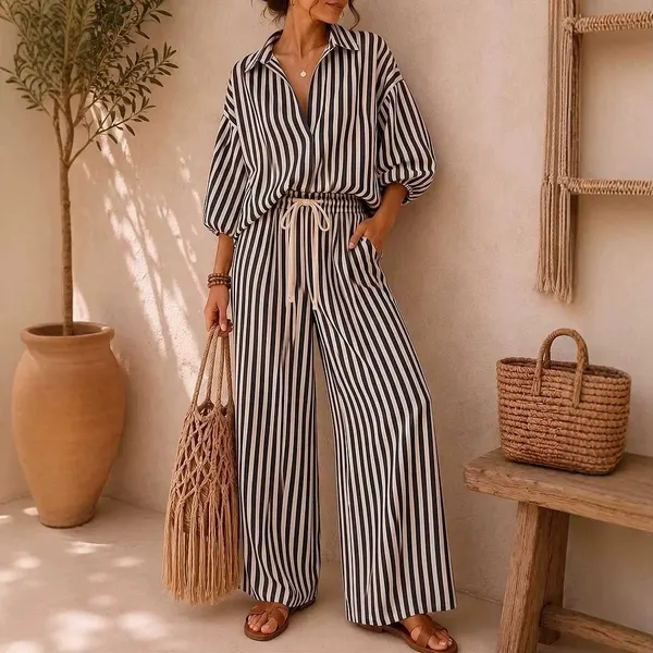 Striped Long Sleeve Shirt and Loose Pants Set