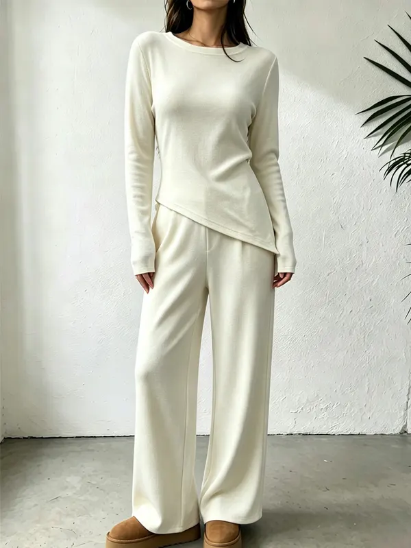 Apricot Knit Top and Wide-Leg Trouser Set