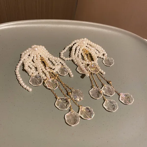 Gold Pearl Bow Tassel Earrings