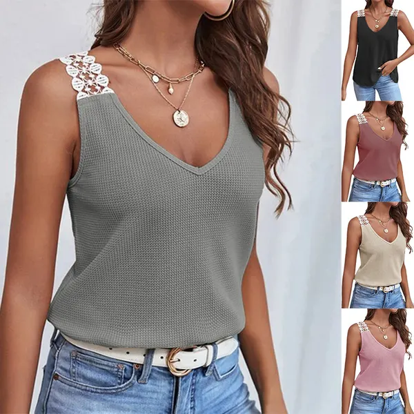 Waffle Knit Lace-Trim V-Neck Tank