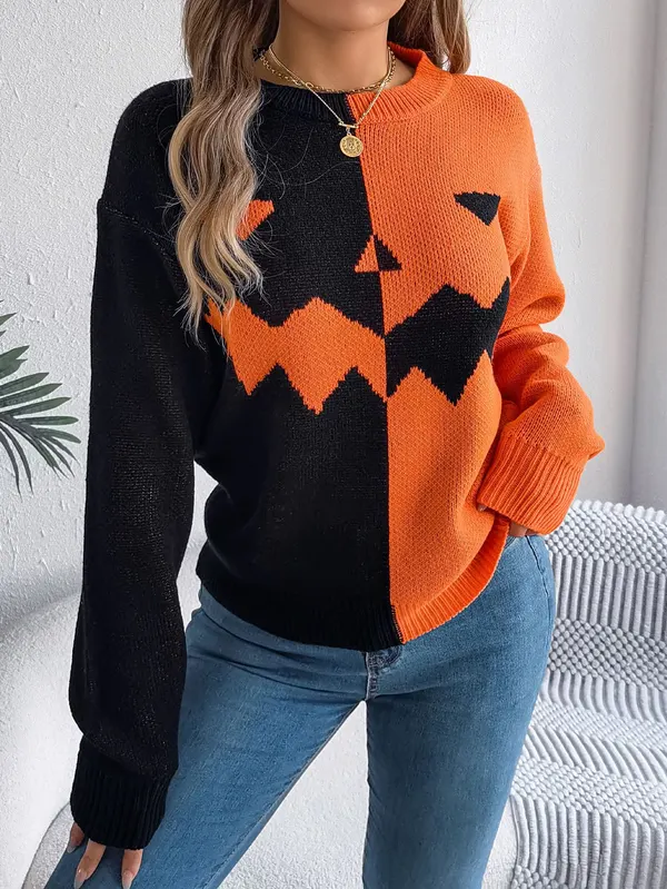 Ghost Motif Contrast Knit Sweater