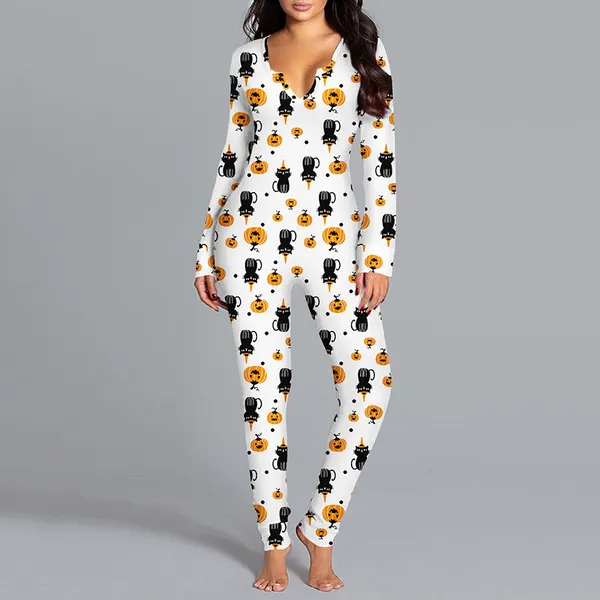Halloween Print Long Sleeve Lounge Jumpsuit