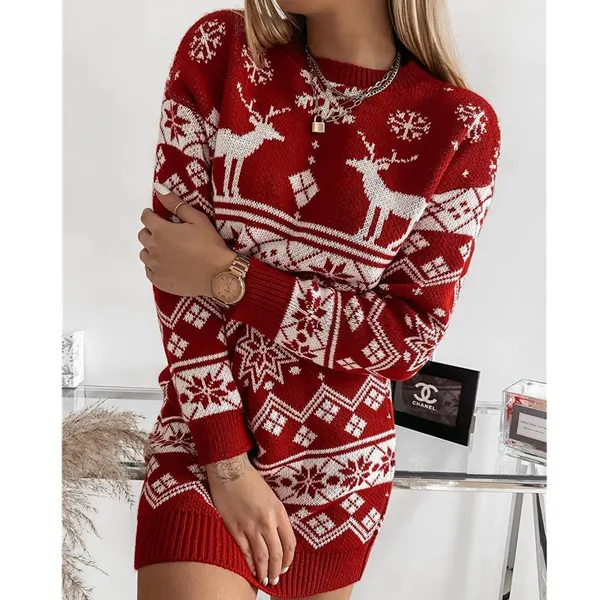 Snowflake Jacquard Knit Sweater Dress