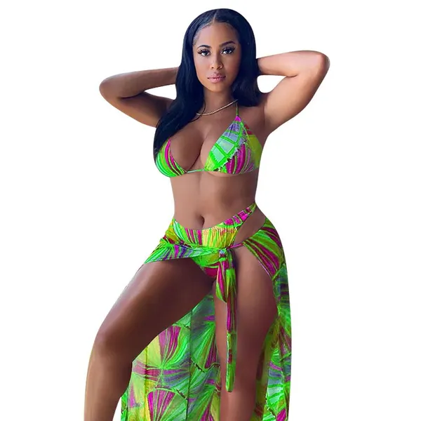 Floral Gradient Three-Piece Bikini Set