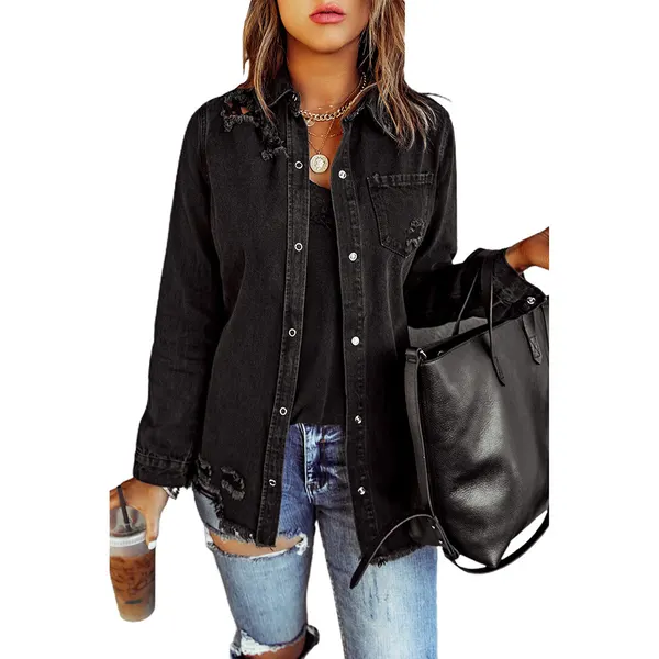 Black Ripped Longline Denim Jacket
