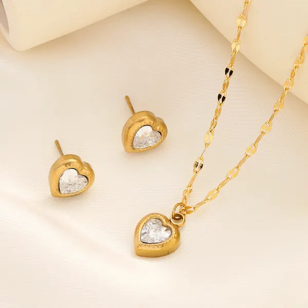 Heart Zircon Necklace and Stud Earring Set