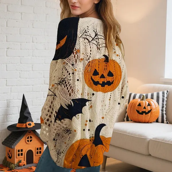 Pumpkin Print Batwing Cutout Blouse