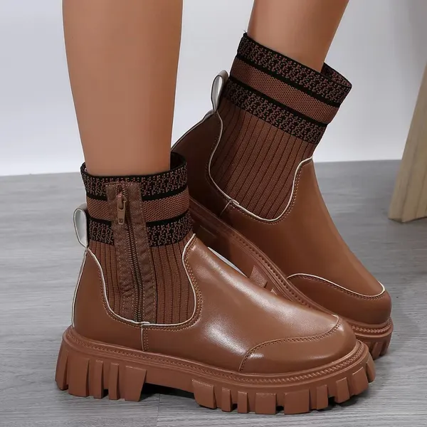 Side-Zip Knit Panel Mid-Calf Boots