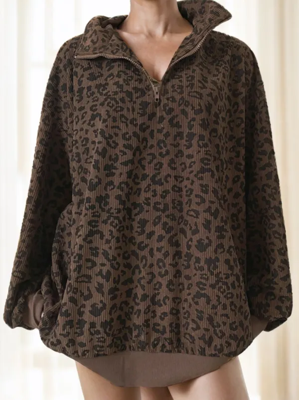 Leopard Print Zip-Up Sweatshirt