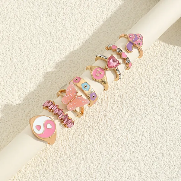 Floral Ring Set of 8 with Color Insets
