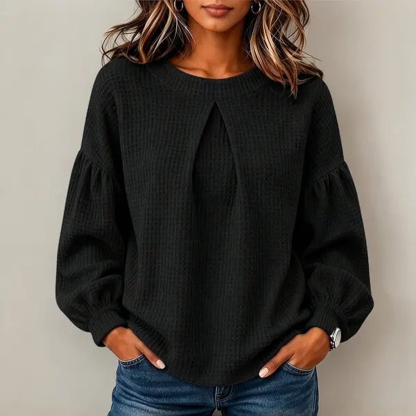 Waffle Knit Puff Sleeve Blouse
