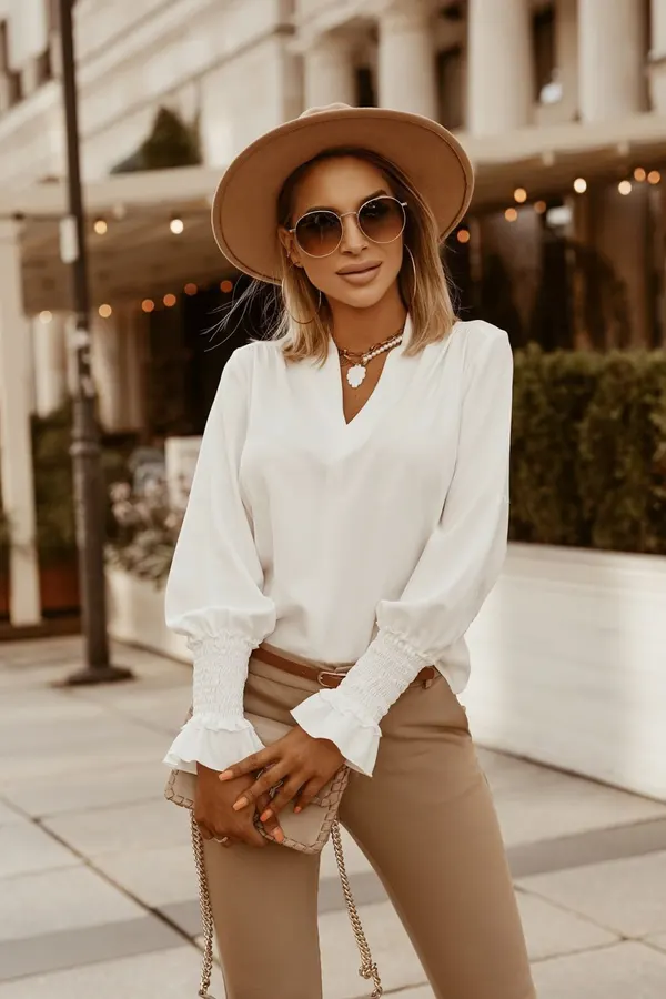 Slim V-Neck Blouse with Embellished Cuffs
