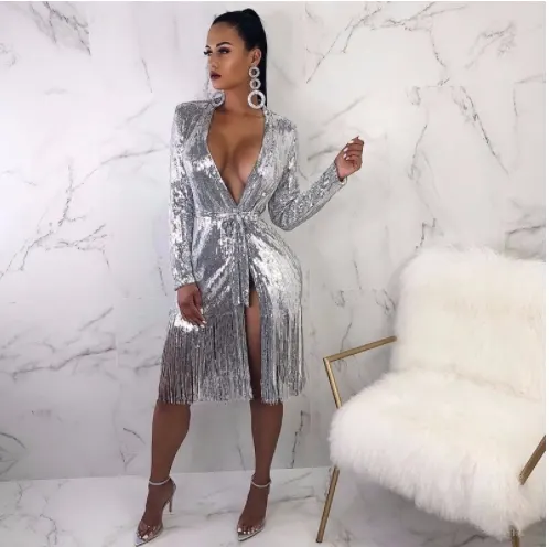 Shiny Lace-Up Fringe Dress