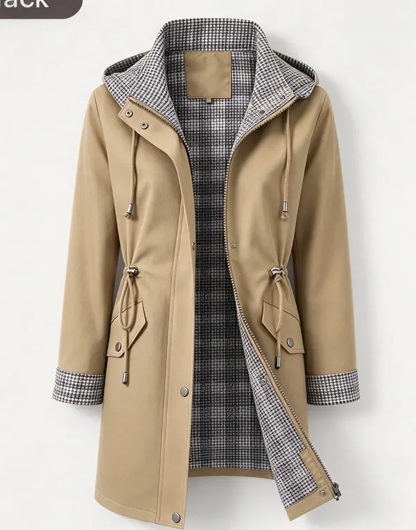 Plaid-Lined Hooded Trench Coat