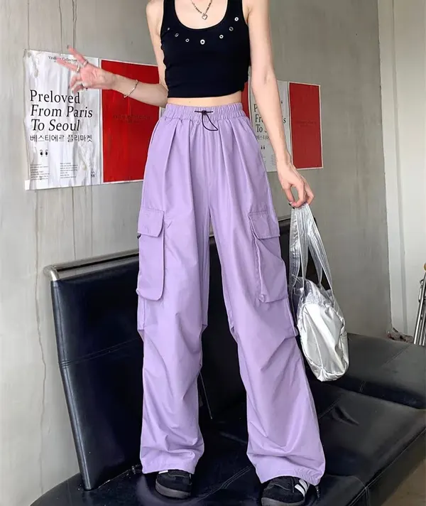 Purple Cuffed Wide-Leg Work Pants