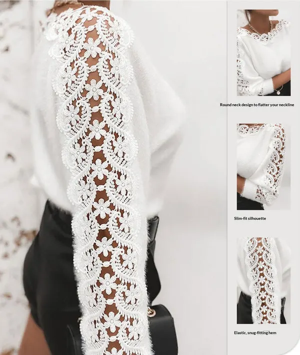 Off-Shoulder Knit Sweater with Lace Sleeves
