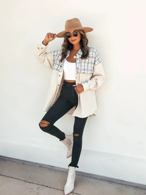 Plaid-Spliced Corduroy Jacket
