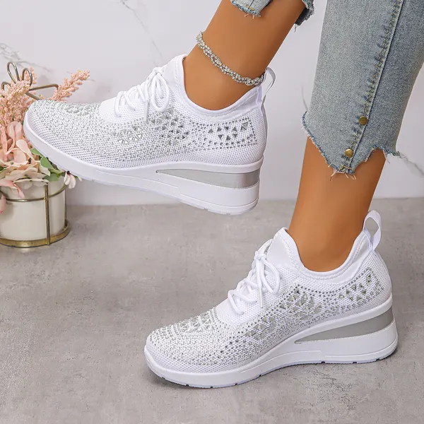 Rhinestone Lace-Up Wedge Sneakers
