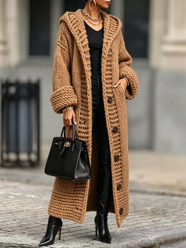 Hooded Wool Blend Knit Cardigan