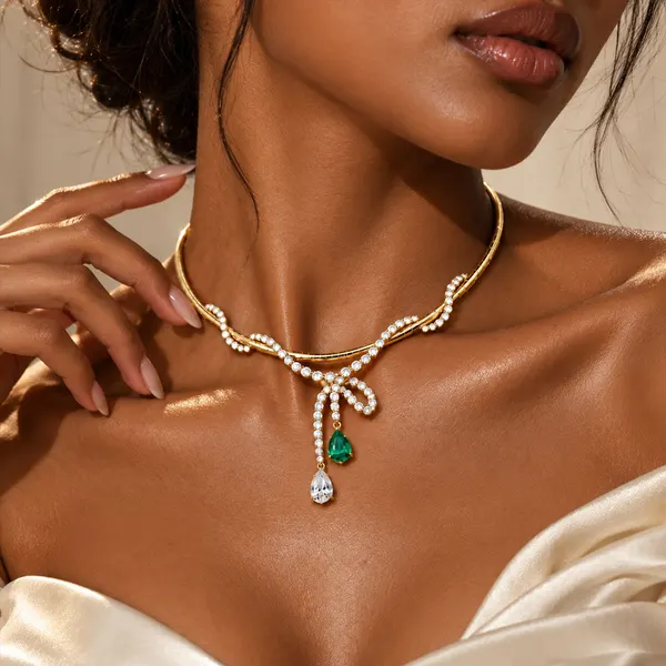 Rhinestone Bow Teardrop Necklace