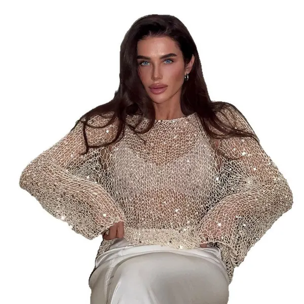 Sequined Hollow-Out Long-Sleeve Top