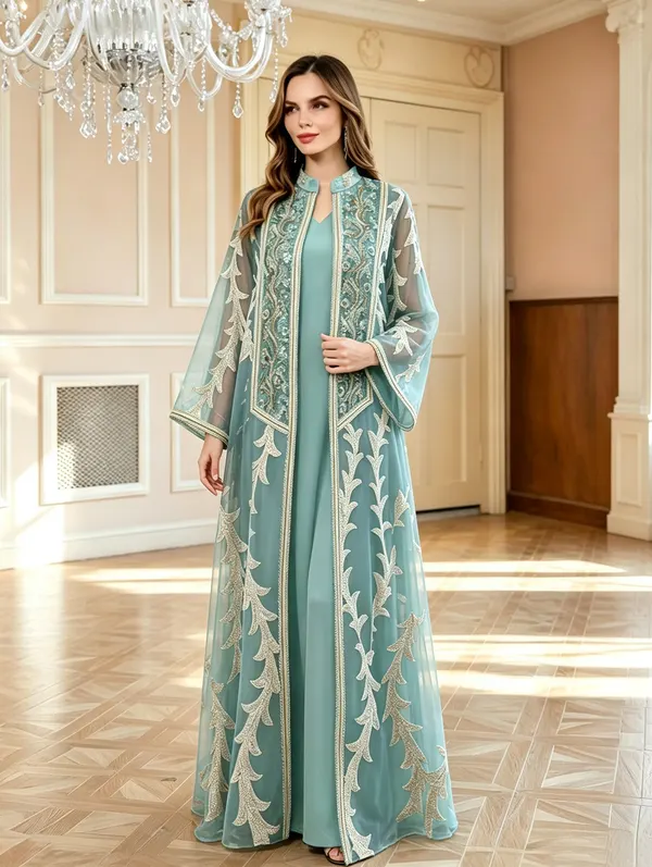 Embroidered Mesh Robe and Beaded Dress Set