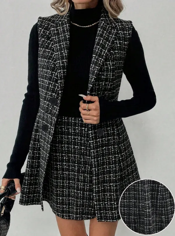 Plaid Vest Coat and A-Line Skirt Set
