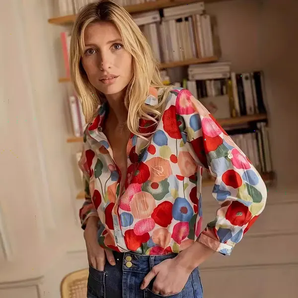Red Floral 3D Print Long Sleeve Top