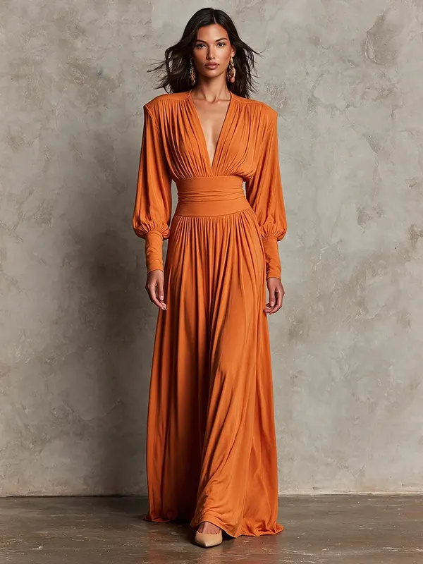V-Neck Pleated Puff-Sleeve Dress