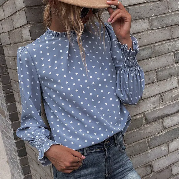 Polka Dot Blouse with Ruffled Stand Collar