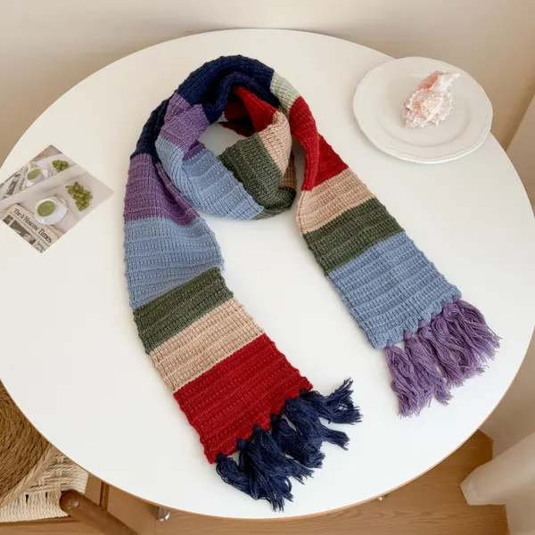 Color-Block Knit Scarf with Tassels