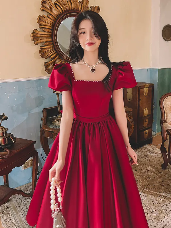 Wine Red Satin Puff-Sleeve Dress