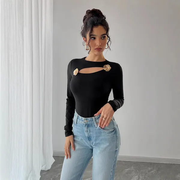 Hollow Rose Metal Detail Long Sleeve Top