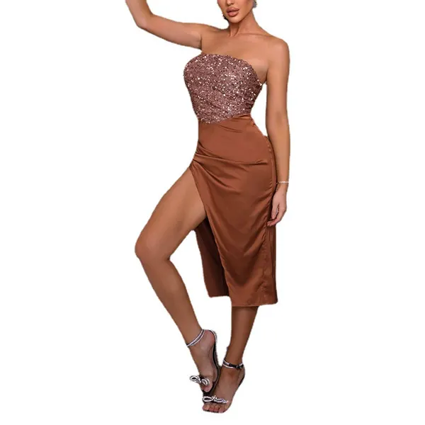 Sequin Tube Top High-Slit Evening Dress