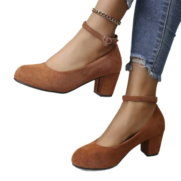 Suede Round-Toe Chunky Heel Pump