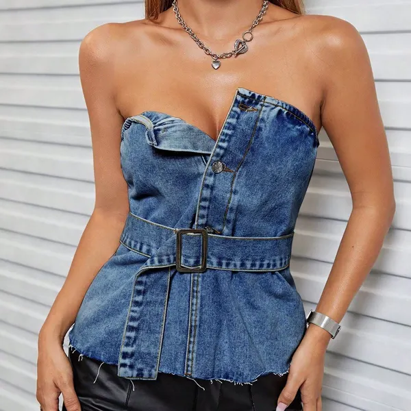 Denim Lace-Up Backless Tube Top