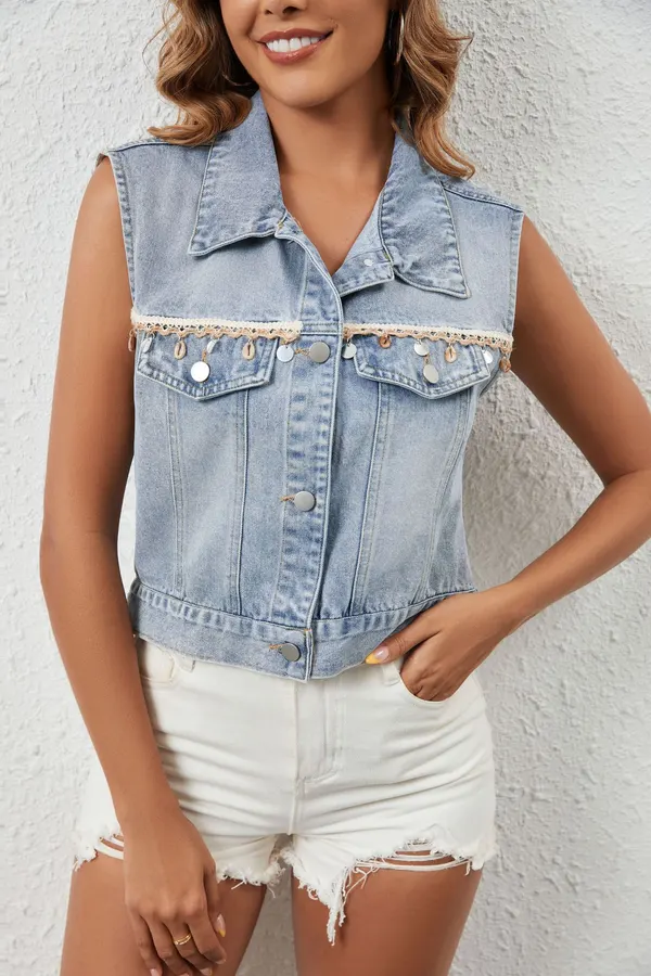 Denim Vest with Tassel Trim