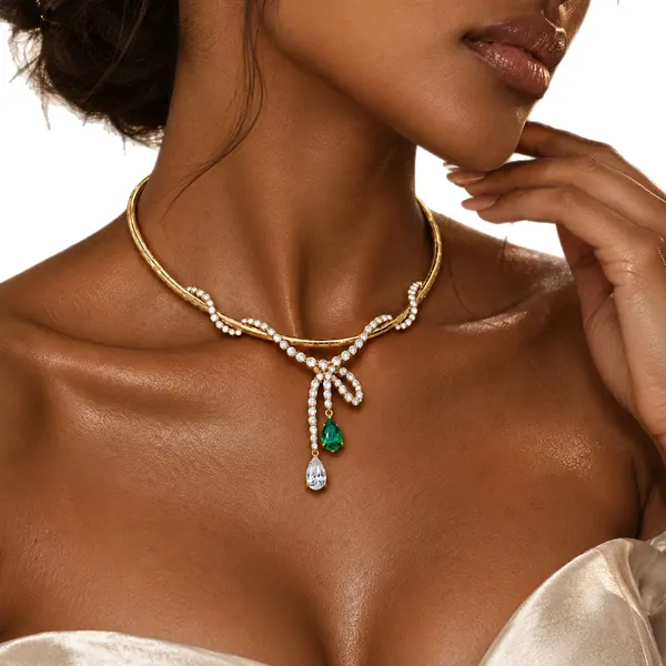 Rhinestone Bow Teardrop Necklace