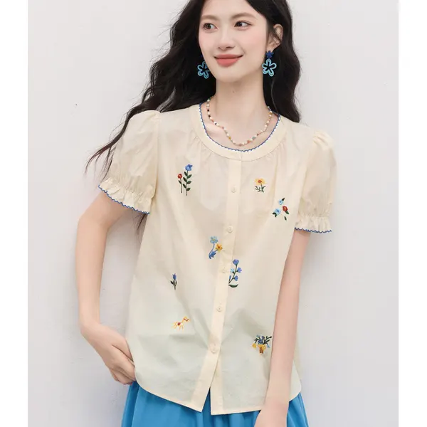 Embroidered Puff Sleeve Blouse