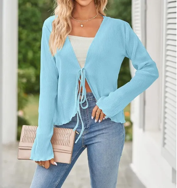 Ribbed Knit Lace-Up Cropped Cardigan