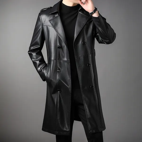 Men's Double-Breasted Belted Faux Leather Jacket