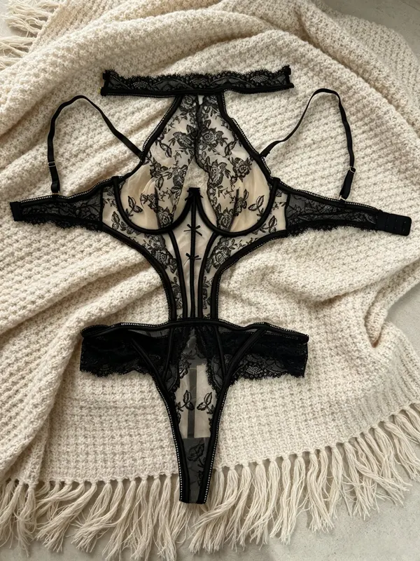 Sheer Embroidered Halter Bodysuit