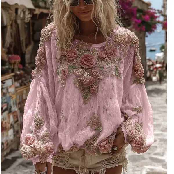 Loose Lantern-Sleeve Printed Shirt
