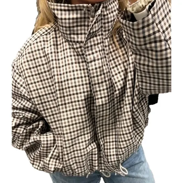 Plaid Stand-Collar Zip Jacket