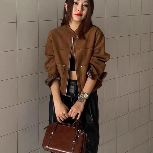 Faux Suede Stand Collar Biker Jacket