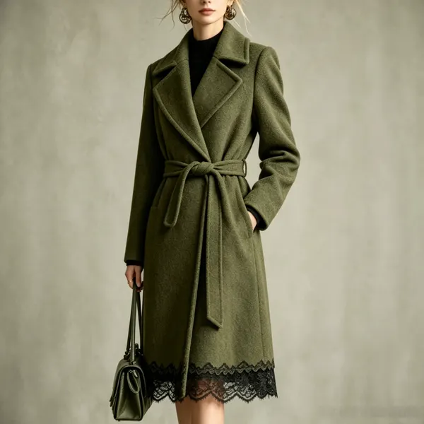 Suit Collar Lace-Up Waist Mid-Length Coat
