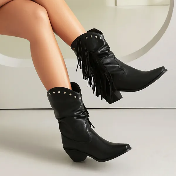 Tassel Side-Zip Mid-Calf Chunky Boot