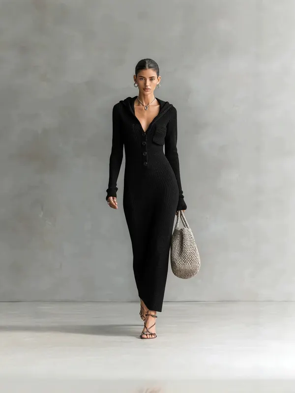 Hooded Half-Collar Knit Sweater Dress