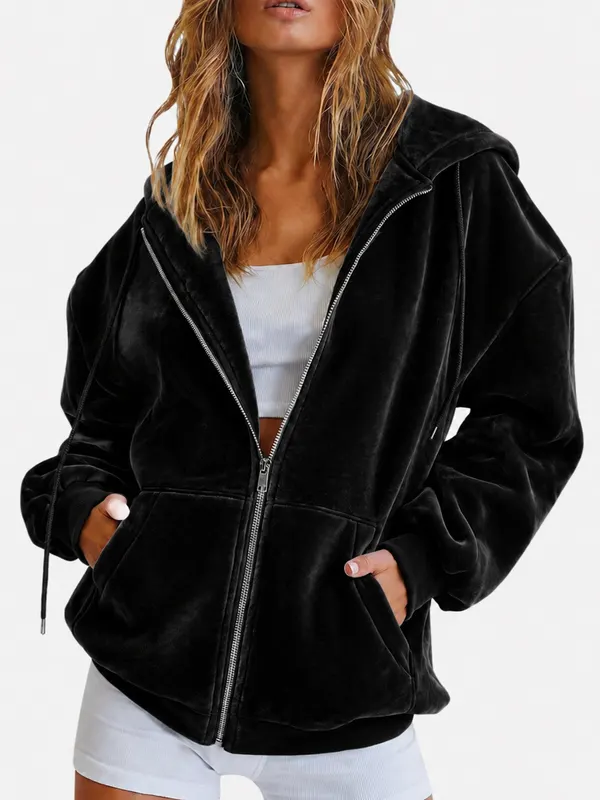 Velvet Zip-Up Hooded Sweatshirt